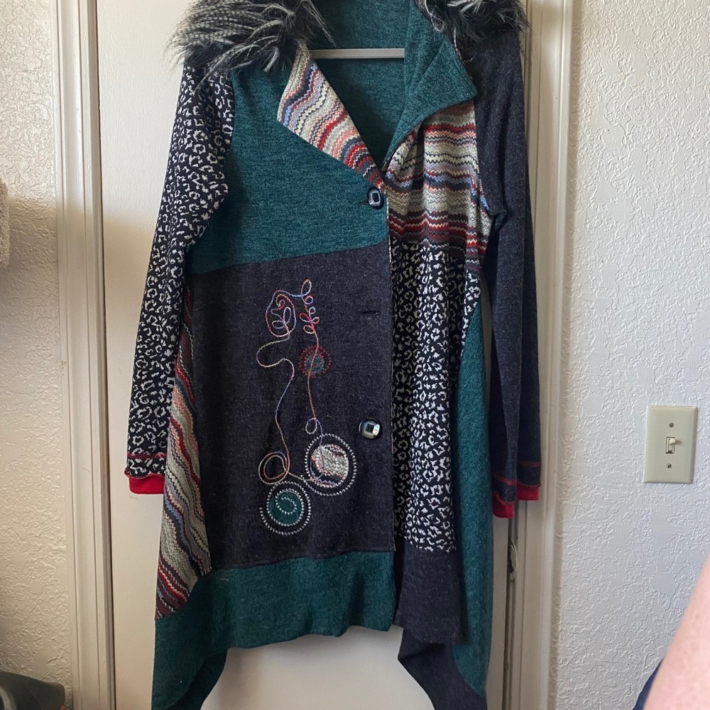 Aris A‎ Women's Patchwork Cardigan Duster Y2K 2000 Teal Embroidery